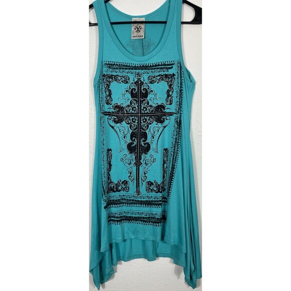 Vocal Tops - Y2K Vocal Turquoise Sleeveless Rhinestone Cross Tunic Top Rayon Spandex Size S